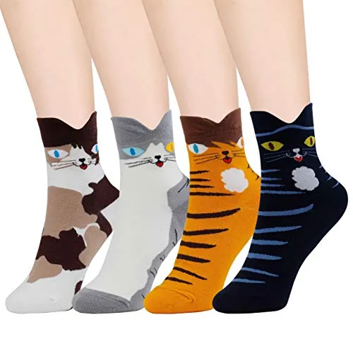 HONGXIN-SHOP Damen Socken Katze Motive Cartoon Tier Socken Baumwolle Socken 4 Paar