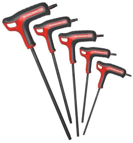 Facom Stiftschlüssel T-Griff Torx Set 5-tlg. - Winkelschraubendreher-Set mit innovativem Griff-Design für hohes Drehmoment und optimalen Komfort. Ideal für enge Bauräume - ergonomisch, korrosionsbeständig und Made in France.