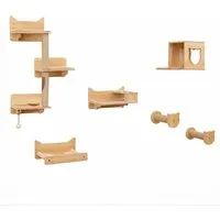 Costway Katzenbaum Wand Kletterbaum aus Holz mit 3 Plattformen - Platzsparendes Katzenmöbel-Set mit 6 individuellen Wandregalen für Klettern, Kratzen und Ausruhen. Inklusive verspieltem Pompom und gemütlichem Rückzugsort für Ihre Katze.