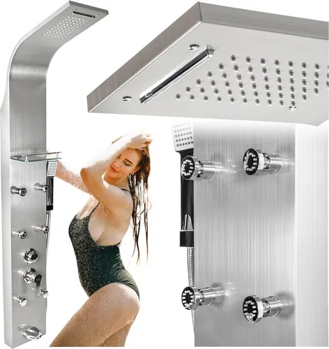 Duschpaneel aus Stahl, Hydromassage, Düsen, Wasserhahn, Regendusche, Mischbatterie