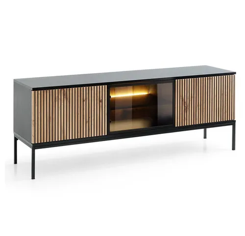 Lomadox Lowboard SIBARI-160 in Schwarz mit Wotan Eiche - Stylisches Fernsehschrank-Design, 154 cm breit und mit eleganter LED-Beleuchtung. Ideal für modernes Wohnen und optimale Raumnutzung.