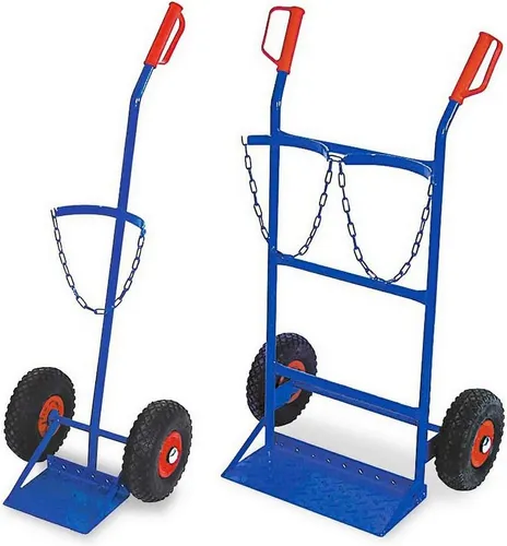 BRB-Lagertechnik Sackkarre Set - 2 Stahlflaschenkarren für sicheren Gasflaschentransport - Praktisches Set mit 1x Sackkarre für 1 Flasche und 1x für 2 Flaschen, ideal für Baustellen. Robuste, pannensichere Reifen und Sicherheitsmerkmale sorgen für sicheren Transport.