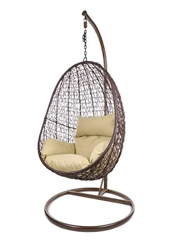 Kideo Komplettset: Hängesessel mit Gestell & Kissen, Lounge-Möbel, Poly-Rattan (Gestell- und Korbfarbe: braun, Kissen: Hellbraun Nest (7007_capucchino))