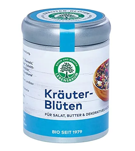 Lebensbaum Kräuter-Blüten, Bio-Gewürzzubereitung, Gewürz-Mischung mit Bärlauch, Kornblumen & Rosenblüten für Salate, Butter & Dekoratives Würzen, 25 g