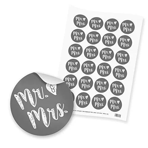 itenga 24x Sticker Aufkleber Mr. & Mrs. (Motiv124) für Hochzeit dunkelgrau weiß rund 4cm auf DIN A4 Bogen