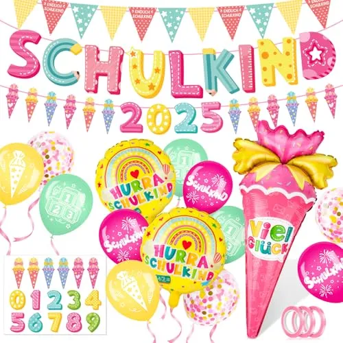 Elidepe Einschulung Mädchen, Einschulung Deko, Schulkind 2025 Mädchen Deko, Schulkind Schulanfang Deko, Schulkind & Zuckertüten Folienballon + Papierwimpel + Girlande + Zuckertüte ABC 123 Luftballons