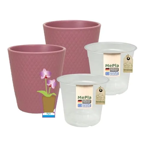 MePla Orchideenübertopf Harlekin 2er Set ø 14 Mauve - Stilvolles 2er Set aus hochwertiger Keramik für Ihre Orchideen. Mit innovativem Abstandsboden für optimalen Schutz vor Staunässe. Ideal für ein modernes Wohnambiente.