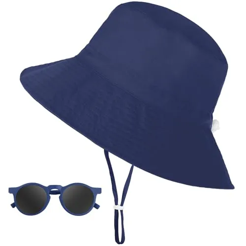 Shedoo Sonnenhut Kinder, UV-Schutz Breiter Krempe Sonnenschutz Fischerhut Baby mit Sonnenbrille, Atmungsaktiv Sommer Bucket Hat mit Verstellbarem Kinnriemen, Strandhut für Junge - Blau, 6-24 Monate