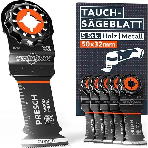 Presch Multitool Sägeblätter Holz & Metall 50x32mm 5 Stk. - Starlock Sägeblatter für werkzeuglosen Wechsel - Exakte Schnitte dank robuster BI-Metall Zähne & Curved-Tec Design - Feine Tauchsägeblätter