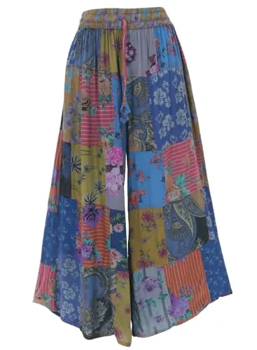 GURU SHOP Patchwork Hose - Weite Boho Sommerhose in Blau für Damen - Bequeme, weite Hose aus weicher Viskose mit elastischem Bund und seitlichen Taschen. Jedes Stück ist ein einzigartiges Unikat, das durch individuelle Stoffkombination besticht.