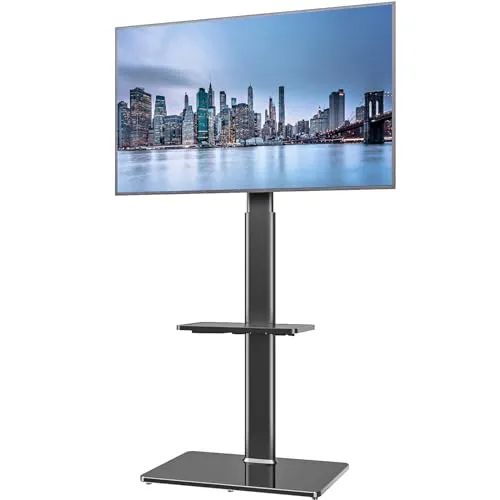 TV Standfuß TV Ständer TV Bodenständer Fernsehstand Fernsehtisch mit Halterung höhenverstellbar für 19 bis 42 Zoll LED LCD TV Bildschirm, 2 Regale schwarz HT2001BP