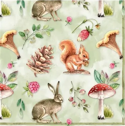 Servietten Vida Natural Wald Fliegenpilz Tiere Hase Eichhörnchen grün 33x33cm 20