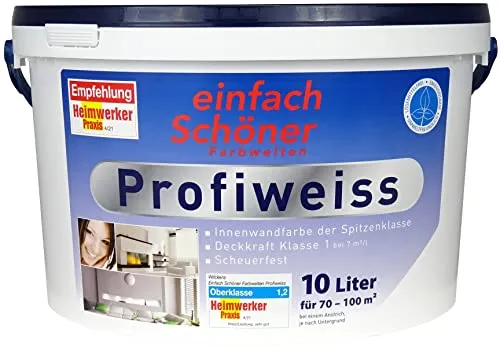 Profiweiss Wandfarbe 10l - Weiße Innenfarbe für perfekte Ergebnisse - Farben: Hochdeckende, scheuerbeständige Wandfarbe in Matt, ideal für alle Innenräume. UV-beständig und feuchtigkeitsresistent, hergestellt in Deutschland.