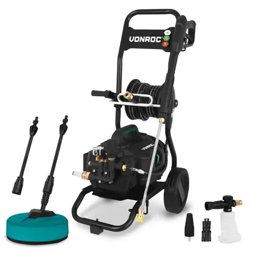 VONROC PRO Hochdruckreiniger V25 – 2500W für kraftvolle Reinigung - Der VONROC PRO Hochdruckreiniger V25 mit 2500W und 195 bar sorgt für gleichmäßige Reinigungskraft. Ideal für Terrasse und Auto – ausgestattet mit Terrassenreiniger und 15 m Schlauch für maximale Flexibilität.