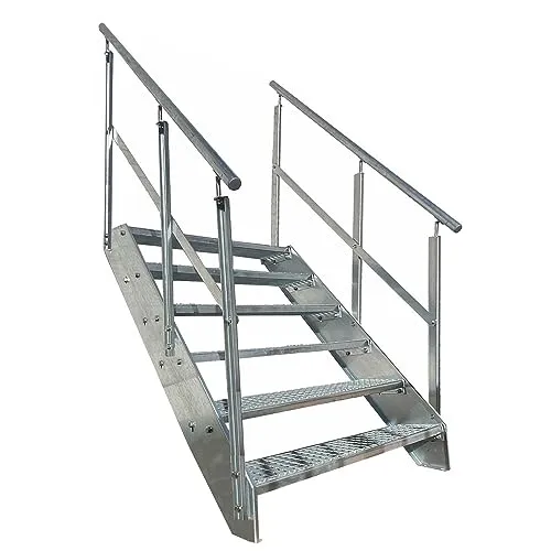 Kaminbau Mierzwa Premium Stahl Treppe Beidseitiges Geländer Verzinkt 6 Stufen (Breite 1200 mm) (Höhe 114 cm) Wetterfest Gitterroststufe Gartentreppe