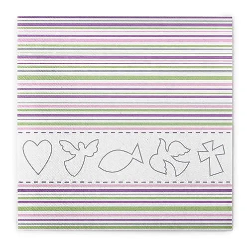 Sovie HOME Serviette KOMMUNION/KONFIRMATION aus Linclass Airlaid, 40x40cm, 12 Stück, christliche Symbole mit Streifen in Lila Pink Grün, hochwertig & festlich