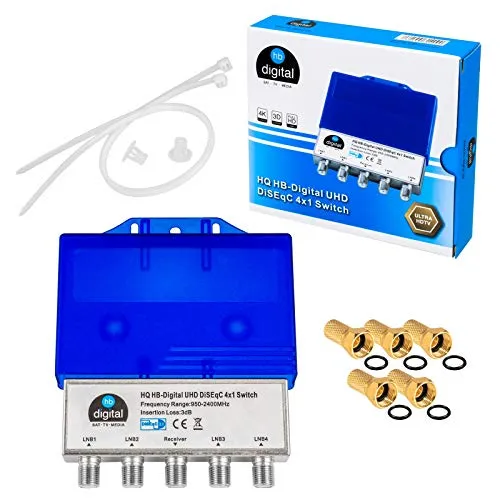 1x HQ DiseqC Schalter Switch 4/1 mit Wetterschutzgehäuse HB-DIGITAL 4X SAT LNB 1 x Teilnehmer/Receiver für Full HDTV 3D 4K UHD + 5 x Vergoldete F-Stecker Vergoldet