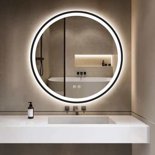 GIMBELEN Runder Badspiegel mit LED-Beleuchtung, 60 cm, Schwarz - Eleganter Badspiegel mit 3 einstellbaren Lichtfarben und stufenlos dimmbar. Der schwarze Metallrahmen und die wasserdichte Konstruktion sorgen für modernes Design und Langlebigkeit im Badezimmer.