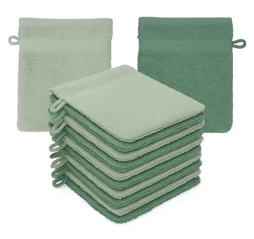 Betz 10 Stück Waschhandschuhe Premium 100% Baumwolle - Heugrün & Tannengrün - Waschlappen & Waschhandschuhe, strapazierfähig und hautfreundlich, ideal für die tägliche Reinigung und Pflege in jedem Bad.