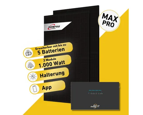 SunEnergyXT 500 Pro Balkonkraftwerk 1000W Komplettset mit Speicher - Das SunEnergyXT 500 Pro Komplettset bietet zwei bifaziale Solarmodule (1000 W) und einen leistungsstarken Hybridspeicher mit 5024 Wh. Ideal für effiziente Energienutzung auf deinem Balkon.