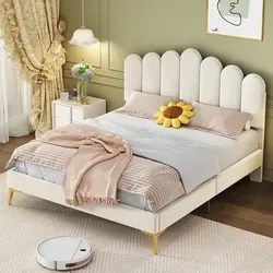 MODFU  Doppelbett 140x200 mit Matratze&Lattenrost,Jugendbett mit Kopfteil,Bettgestell Polsterbett in hautfreundlichem Samtstoff,Beige - Beige