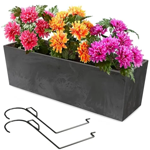 botle Blumenkasten mit Halterung und praktischem Einsatz Blumentopf Länge: 58 cm Balkonkasten auf Kunststoff Betonoptik Beton Struktur Anthrazit Farbe Innen/Außenbereiche