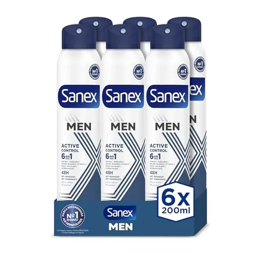 Sanex Men Active Control Deospray für Männer, 6er Pack (6 x 200 ml) 48H Schutz, Anti-Transpirant, Anti-Reizung, 0% Alkohol, Bekämpfung von schlechtem Geruch, langanhaltend