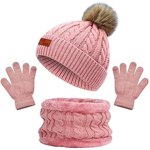 beifon Kinder Wintermütze Schal Handschuhe Mädchen Set Kindermütze Strickmütze Mütze Schal Set Mädchen Jungen Warme Winter Beanie Hut Handschuhe für Kinder 3-8 Jahre