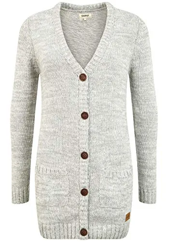 OXMO OXPhilemona Damen Lange Strickjacke Grobstrick Cardigan Longstrickjacke mit aufgesetzten Taschen Knöpfen 100% Baumwolle Regular fit, Größe:XS, Farbe:LIG Grey M (798242)
