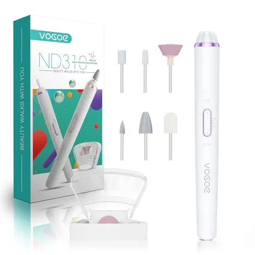VOGOE Elektrische Nagelfeile, Kabelloser Nagelfräser mit LED-Licht, Einstellbare Geschwindigkeit & 2 Richtungen, Professionelles Maniküre-Pediküre-Set mit 6 Bohrern für Acryl- & Gelnägel ND310 (Lila)