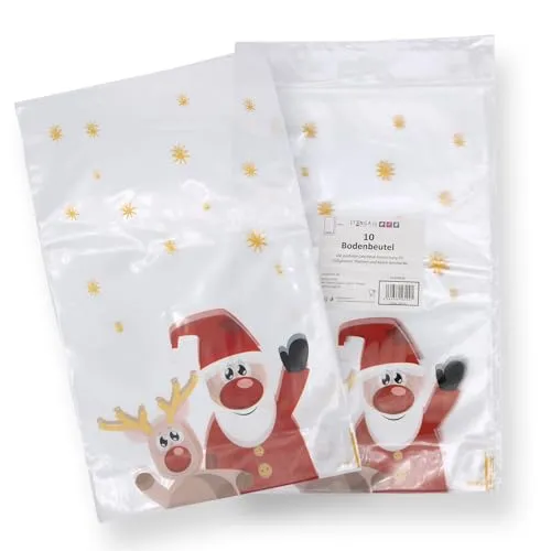 Geschenk Bodenbeutel Kekstüte Weihnachten - 10 Stück Folienbeutel mit Weihnachtsmann-Motiv - 10 transparente Bodenbeutel aus lebensmittelechter Folie (14,5 x 23,5 cm) für individuelle Verpackungen von Süßigkeiten und kleinen Geschenken. Ideal für festliche Anlässe und kreative Geschenkideen.