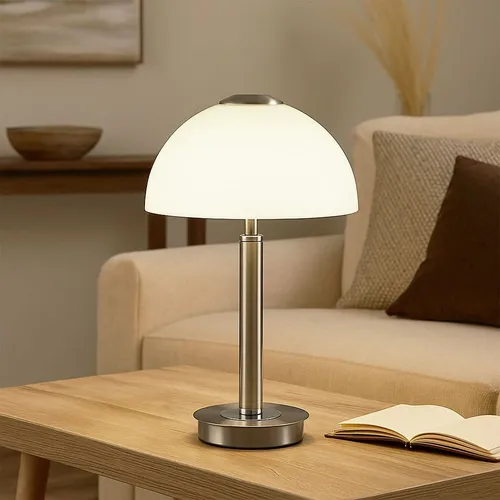 LED Tischleuchte mit Touchdimmer - dimmbar und elegant - Tischleuchte aus Glas und verchromtem Metall, 7W LED mit 255 Lumen, warmweißes Licht. Der praktische Touchdimmer ermöglicht stufenlose Helligkeitsanpassung für jede Stimmung.