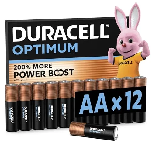 Duracell Optimum Mignon (AA) 1.5V Batterien - 12er Pack - Innovative Alkaline-Batterien mit bis zu 200% zusätzlicher Lebensdauer für mehr Leistung. Praktische, recycelbare Verpackung mit Organizer für sicheren und sauberen Stauraum.