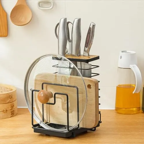 ADERTOS Utensilienhalter Küche Schneidebrett Rack Schwarz Utensilienhalter für Küchentheke Küchenutensilienhalter Kitchen Utensil Holder Holz Küchenutensilien Aufbewahrung mit Topfdeckelhalter