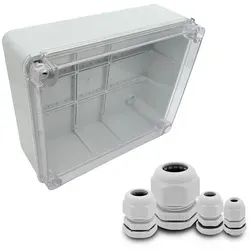 ARLI SET: Abzweigdose IP67 mit Sichttür und 40 Kabelverschraubungen - Praktisches ARLI Set mit Abzweigdose (310 x 230 x 130 mm) und 40 Kabelverschraubungen. Ideal für flexible Elektroinstallationen, sowohl innen als auch außen, mit einfachem Zugang durch den transparenten Deckel.