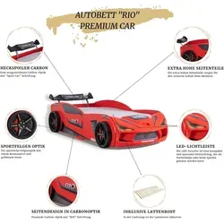 Autobett 90x200 Rio mit LED Leuchte und Lattenrost in rot von Aileenstore