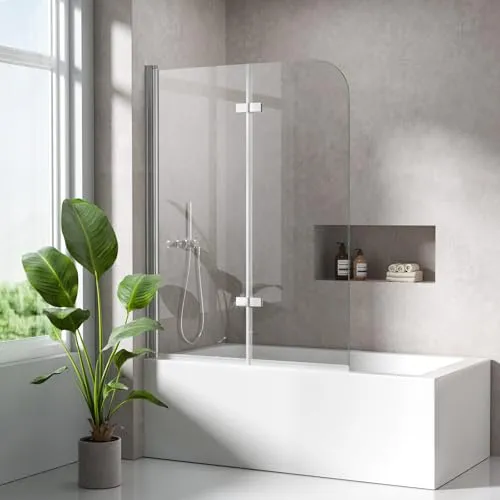 Duschwand für Badewanne, 100 x 140 cm, 2-teilig faltbar, Trennwand für Badewanne mit 6 mm ESG, Sicherheitsglas, Duschwand mit Nano-Beschichtung, leicht zu reinigen