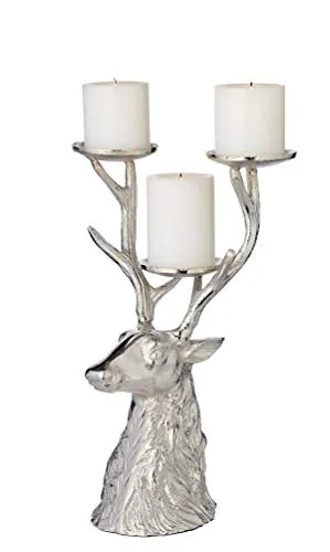 EDZARD Kerzenleuchter Hirsch - Eleganter Kerzenhalter für 3 Stumpenkerzen - Kerzenständer aus vernickeltem Aluminium, Höhe 32,5 cm, ideal für festliche Weihnachtsdekoration und stilvolle Wohnakzente das ganze Jahr über.