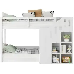 Kinder-Etagenbett,Doppelbett, multifunktionales Kinderbett, Mit Treppen und Schließfächern,stabiles Geländer, ohne Matratze, 90*200cm, Weiß