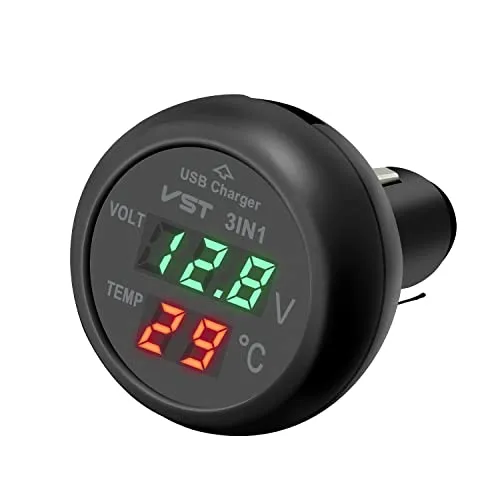 Giantdeer 12V Wasserdichtes Voltmeter Thermometer mit USB Anschluss, Voltmeter 12V Auto, Digitales Thermometer Auto für 12V/24V Fahrzeuge