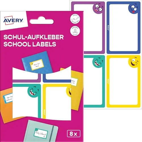 Produktbild AVERY Zweckform SCHOOL8S Namensaufkleber Schule Kinder 8 Stück (46x68mm, Papier, selbstklebende Heftaufkleber, beschriftbare Namensetiketten, Buchetiketten für Schule, Kindergarten) bunt, Gesichter