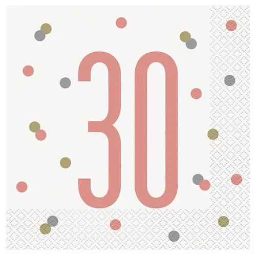 Servietten 30. Geburtstag, weiß-rosegold, Größe: ca. 33 x 33 cm, 16 Stück