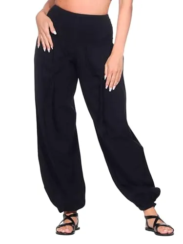 Yoga und Wellnesshose aus Baumwolle - Schwarz - Bequeme Damen Yoga-Hose mit dehnbarem Bund und 2 praktischen Taschen, ideal für Yoga, Wellness und Freizeit.