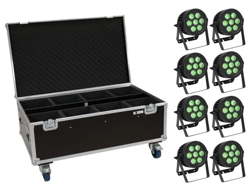EUROLITE Set 8x LED IP PAR 7x8W QCL Spot + Case mit Rollen - DJ: Einzelne Beleuchtungen, wetterfestes LED-Set mit 8 leistungsstarken PAR-Spots und praktischem Transportcase für mobile Anwendungen.
