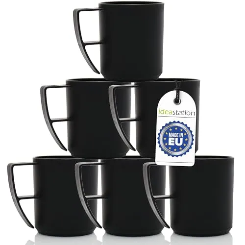 idea-station Plastik Camping Tassen Set 6 x 350 ml - schwarz matt - bruchsichere Kaffeetassen aus Kunststoff - ideale Plastiktassen mit Henkel für unterwegs