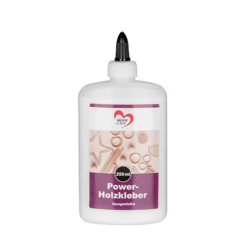 Ideen mit Herz Power-Holzkleber | 250 ml | für alle Holzarten und Karton | schleif- und lackierbar, verläuft nicht | trocknet transparent auf | lösungsmittelfrei