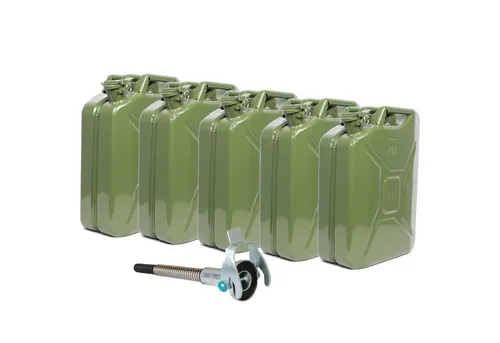 TRUTZHOLM 5x 20l Metallkanister Set mit Ausgießer - 5x 20l Metallkanister in olivgrün für Benzin und Diesel, leicht und stabil, ideal für den Transport. Inklusive flexiblem Ausgießer mit Sieb für müheloses Befüllen.