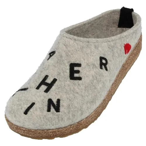 HAFLINGER Grizzly Letter Filzpantoffel Hausschuh Filzclog Grau (Steingraumeliert 84), Gr. 40 - Damen-Hausschuhe mit atmungsaktivem Wollfilz und rutschfester Laufsohle, die für warme Füße und optimalen Komfort sorgen.