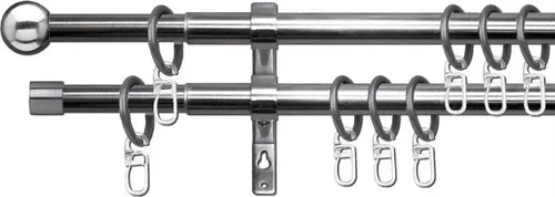 Stilgarnitur Set Edelstahl (120-230cm) Formentor-Doppellauf-Garnitur - Moderne Gardinenstange ausziehbar von 120-230cm, ideal für individuelle Fensterdekoration und einfache Montage mit Zubehör.