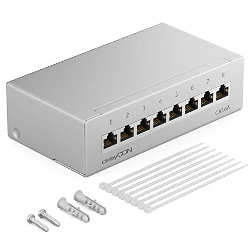 deleyCON CAT 6a Patchpanel Verteilerfeld 8 Port 1 HE Desktop & Wandmontage Geschirmt 8x RJ45 Buchse LAN Netzwerk Verlegekabel TIA568A TIA568B RAL 7035 Lichtgrau